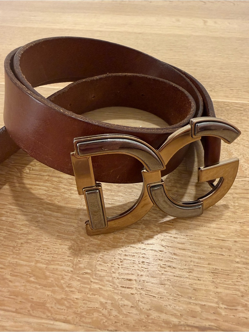 Authentic Dolce & Gabbana Brown Leather Men's Belt with Two Tone DG Metal Buckle